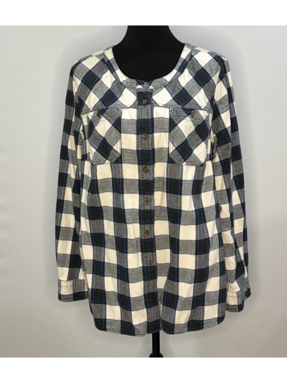 Duluth Trading Co Womens Plaid Flannel Tunic Top Button Front Black/White XL